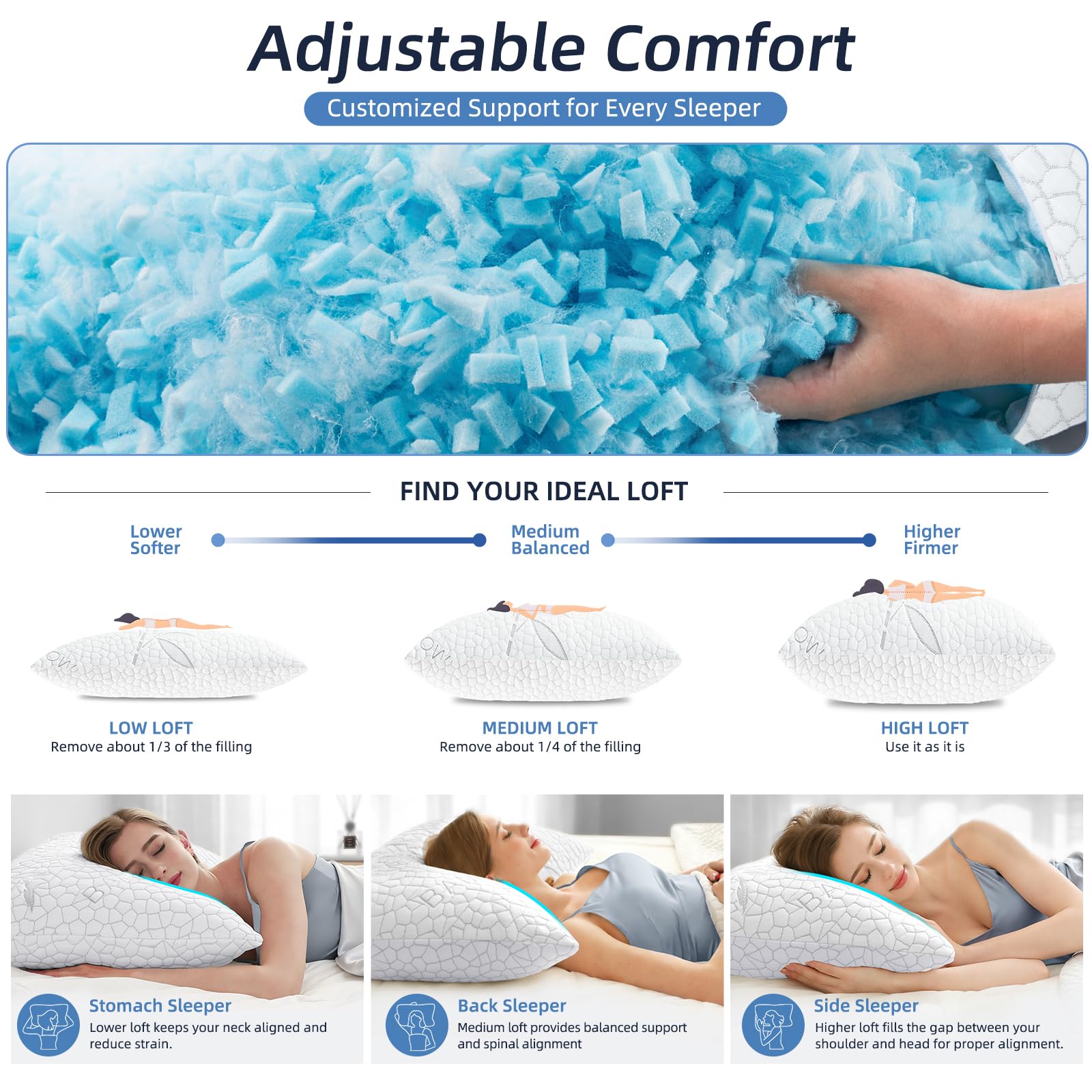 Yettbea Bamboo Cooling Shredded Memory Foam Bed Pillows Queen Size Set of 2 | Pl — product photo