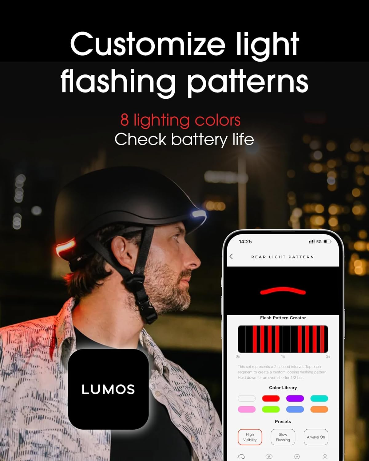 Lumos Nyxel helmet with a smartphone displaying the Lumos app for customizing light patterns