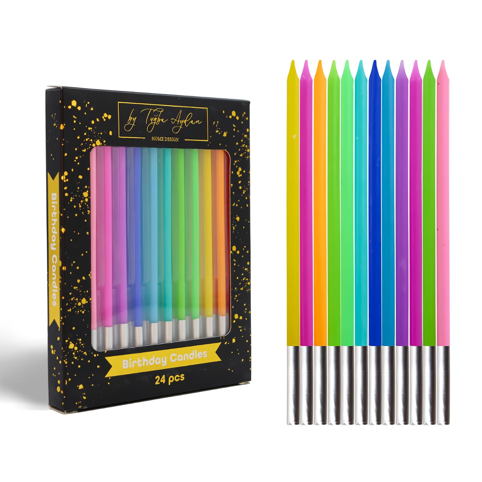 by Tugba Aydan - 24 Count Long Thin Rainbow Birthday Candles, Metallic Cake Candle for Birthday, Party Candles