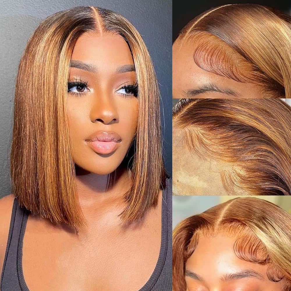 Highlight Bob Wig Human Hair 10 Inch Wear and Go Glueless 4/27 Highlight Bob Lace Front Wigs Human Hair Pre Plucked 13X4 HD Transparent Lace Frontal