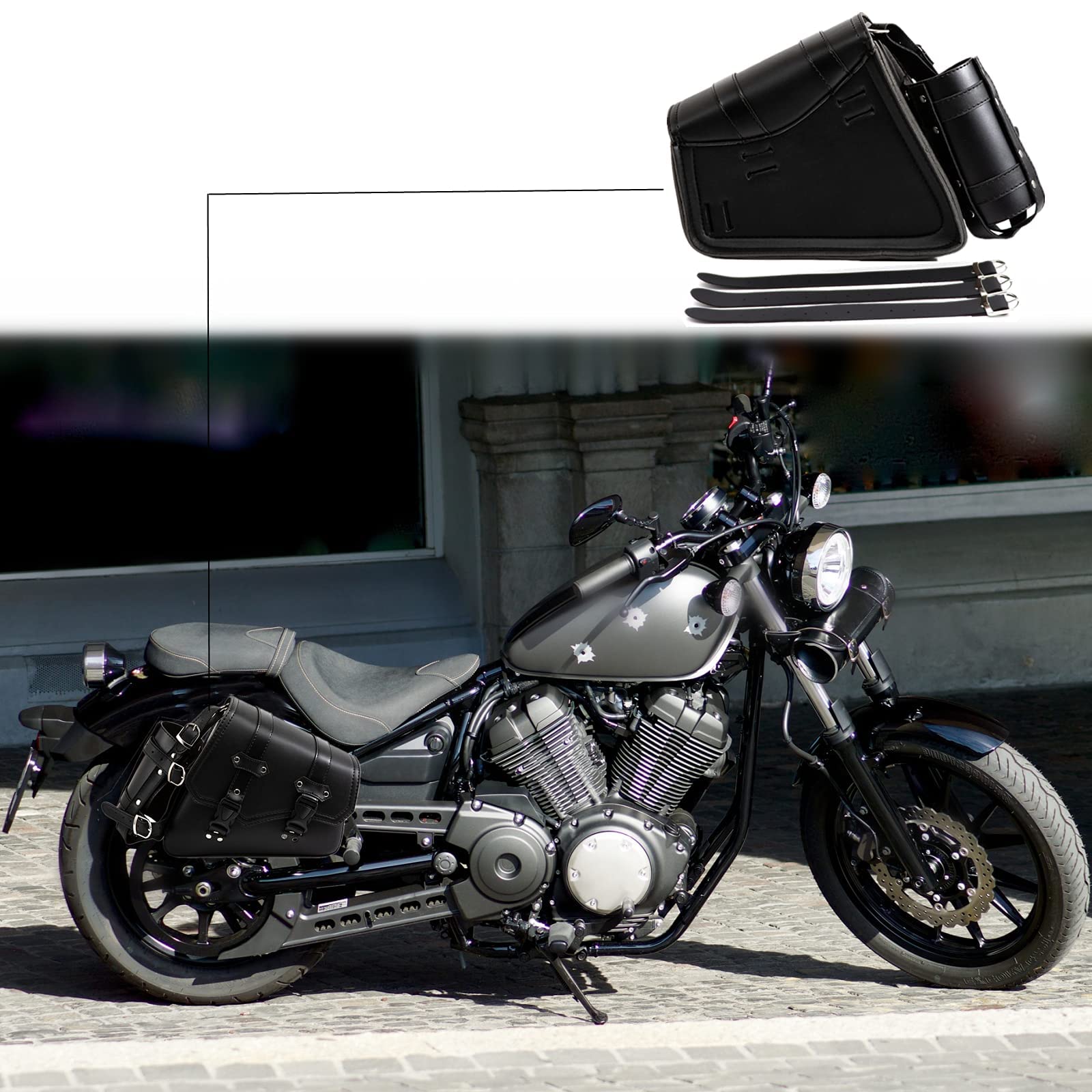 APE-MTGB26 Sacs de selle moto - Vintage noir PU cuir Sac rangement poches latérales triangulaire grande capacité Bagages d'outils avec bouteille d'eau porte-gobelet Côté droit