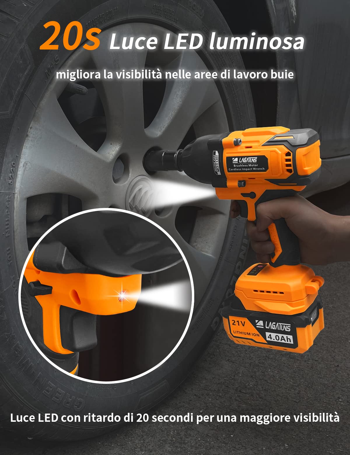 Lagatuns Avvitatore a Impulsi, coppia elevata 850N.M(627F-lbs).2200 giri/min, motore senza spazzole, con batteria agli ioni di litio da 4.0 Ah,Mandrino 13mm (1/2"),adatta per auto di famiglia