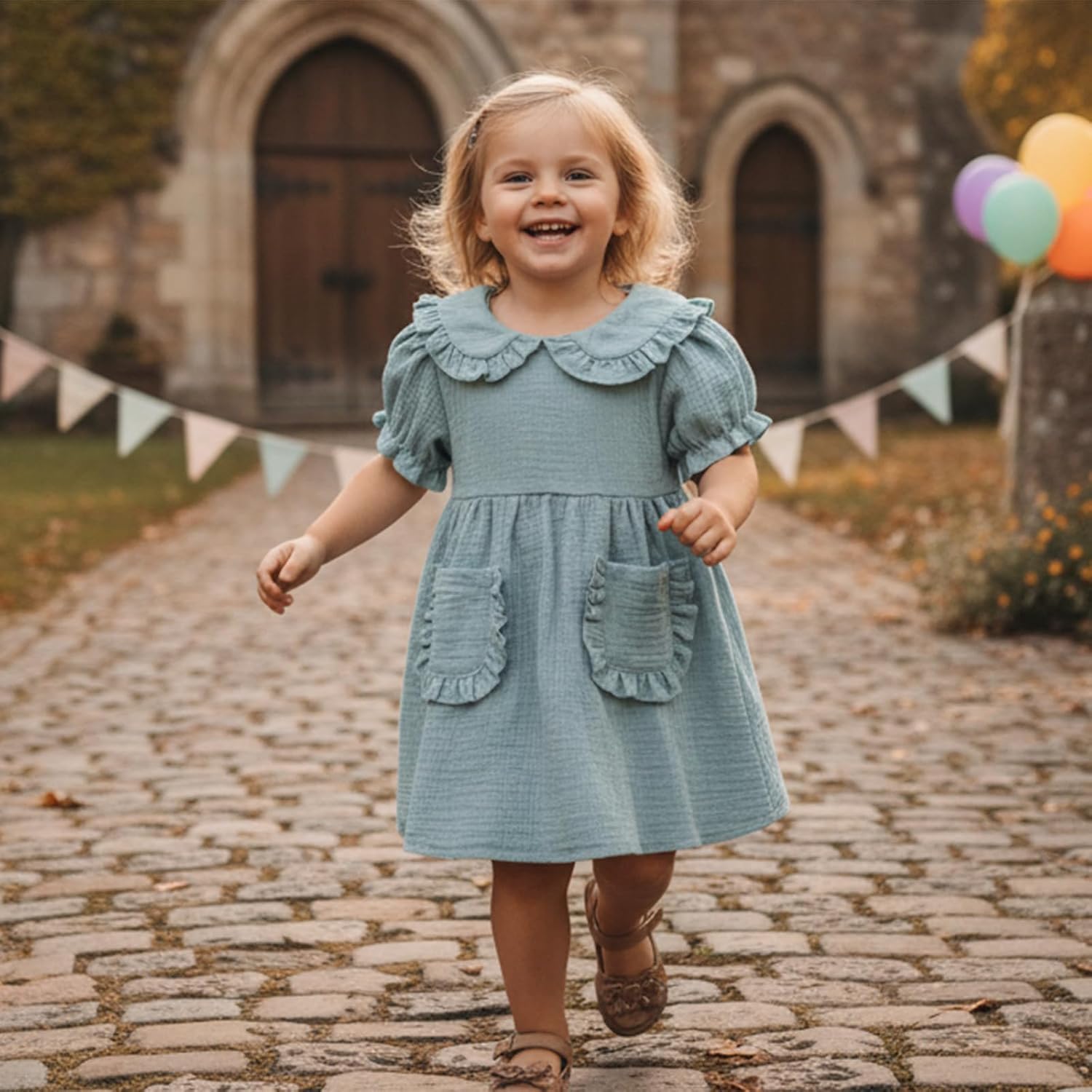 VISGOGO Toddler Baby Girl Dress Linen Long Sleeve Solid Color Girls 12 18M 2T 3T 4T 5T Dresses with Pocket for Fall Spring - Image 2