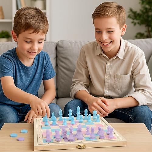 Miniatura 6 de Juego de ajedrez y damas de madera 2 en 1, juego de ajedrez para niños, tablero de madera de 11 x 11 pulgadas que se pliega como estuche de