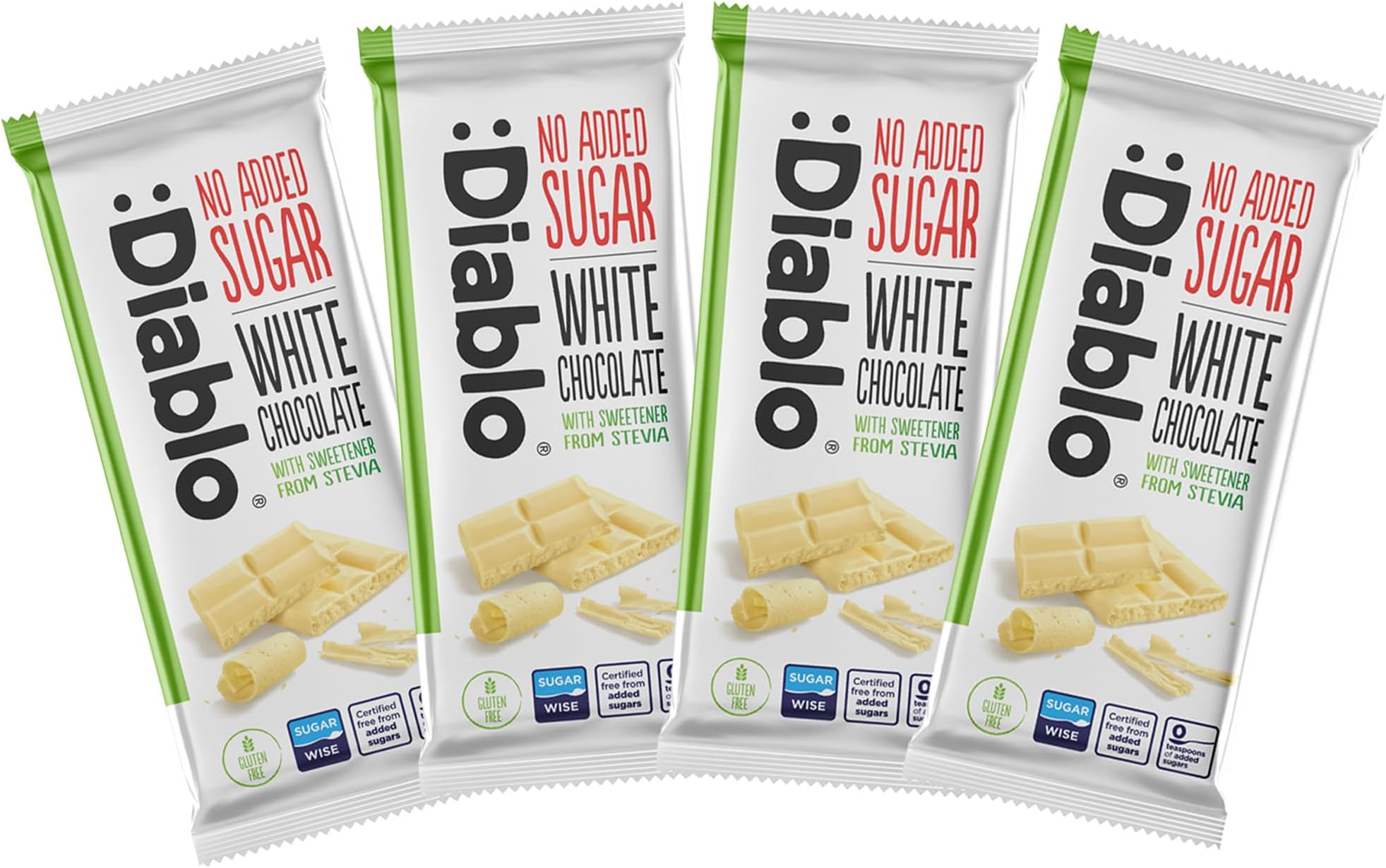 Diablo No Added Sugar White Chocolate – No Added Sugar Chocolate Bar Sweetened with Stevia, Gluten Free, Ideal for Any Occasion, Birthdays, Valentines, or Gift Hampers, 75g (Pack of 4)