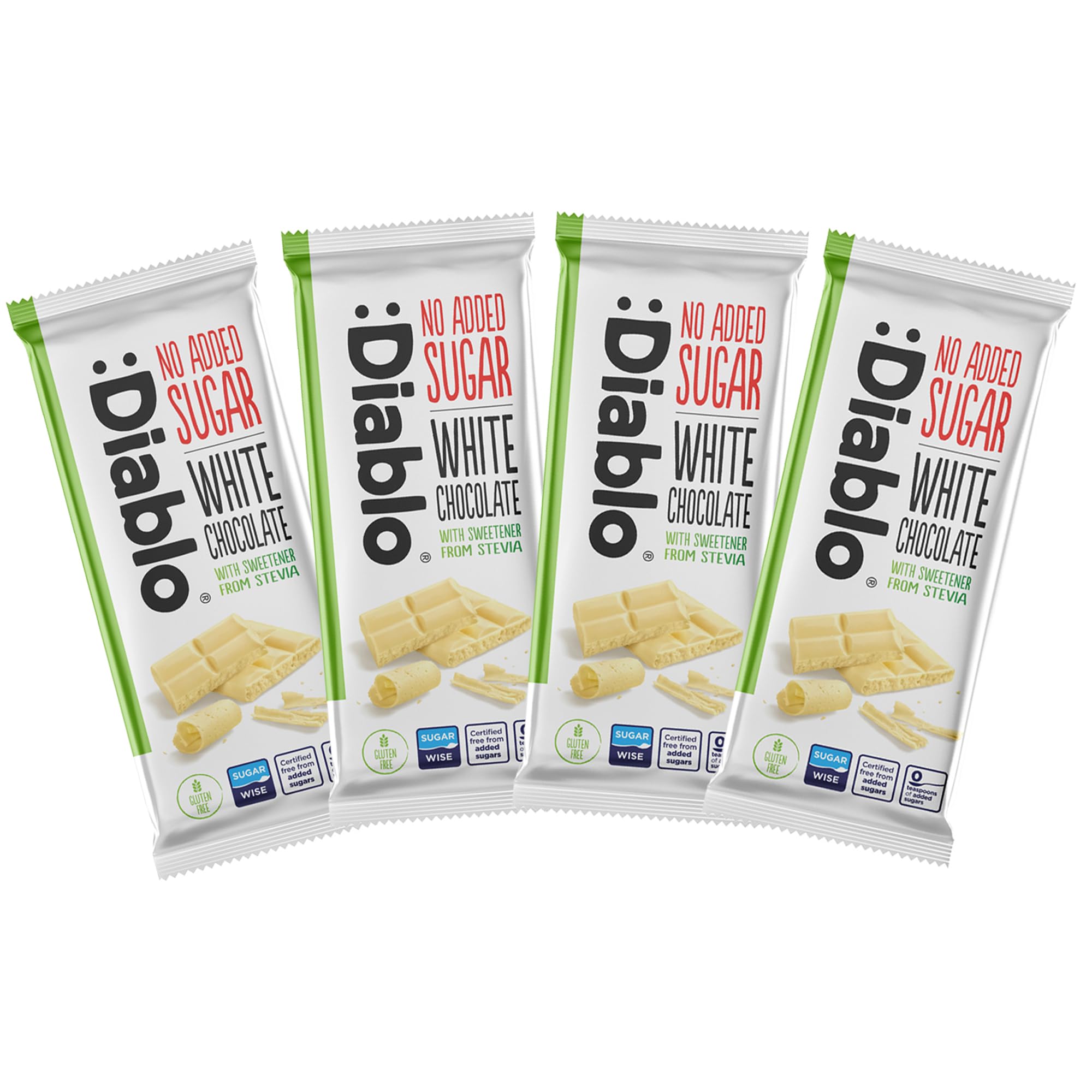 Diablo No Added Sugar White Chocolate – No Added Sugar Chocolate Bar Sweetened with Stevia, Gluten Free, Ideal for Any Occasion, Birthdays, Valentines, or Gift Hampers, 75g (Pack of 4)