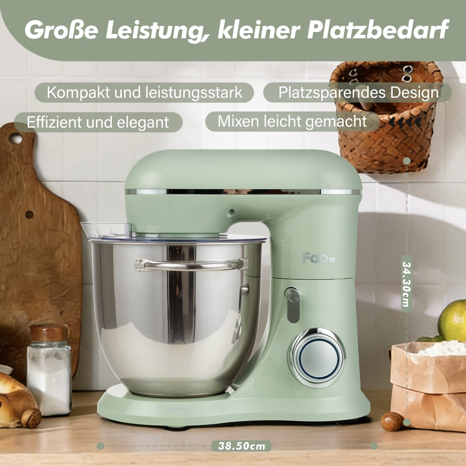 Fab-Serie 6L Küchenmaschine von Kitchen in the box, leistungsstarke Rührmaschine mit 1300W, 10 Geschwindigkeiten, ideal für den täglichen Gebrauch, inkl. Knethaken, Schneebesen & Rührhaken, Grün