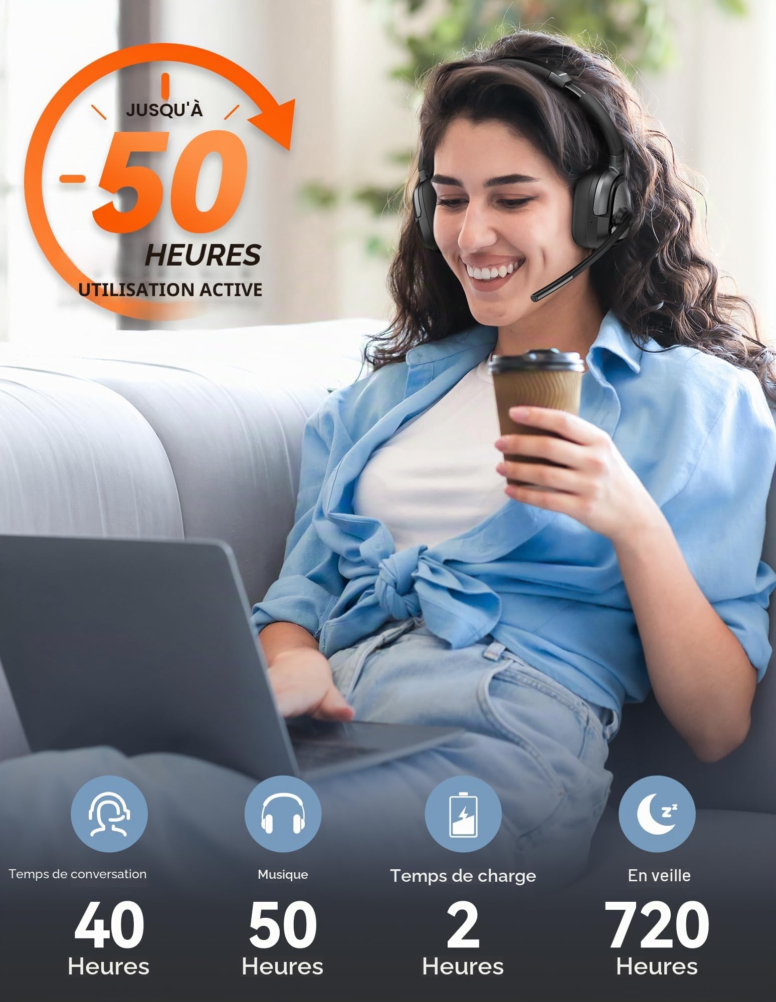 TECKNET Casque Bluetooth sans Fil avec Micro - Casque Anti-Bruit Bluetooth et Casque sans Fil PC avec Adaptateur USB-A Inclus, 50h d'Autonomie, pour PC, Téléphones, Télétravail et Visioconférence