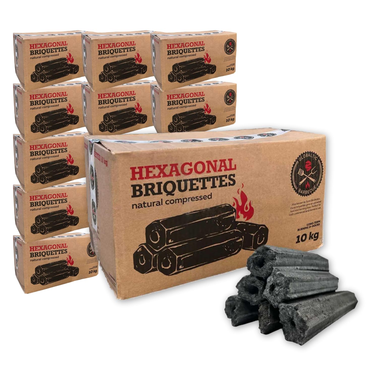 Warma Black 10Kg Boxes Premium Sumi Bincho Charcoal Restaurant Barbecuing Briquettes - Naturally Compressed & Odourless - Long Burn Hexagonal Binchotan Logs - For Konro Bbq Cooking Grills - 10 X 10Kg Box