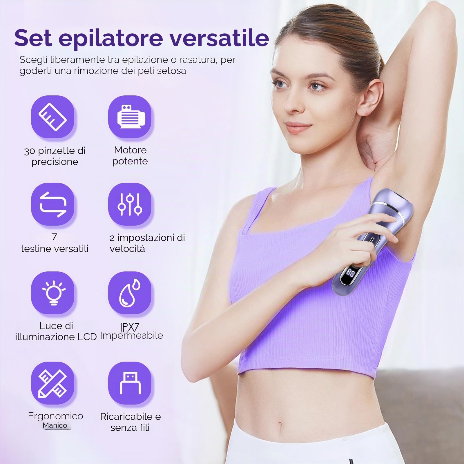 Set di epilatore 7 in 1 per donne, epilatore senza fili a umido e a secco con luce LED, epilatore per viso e corpo, impermeabile IPX7, autonomia 90 min