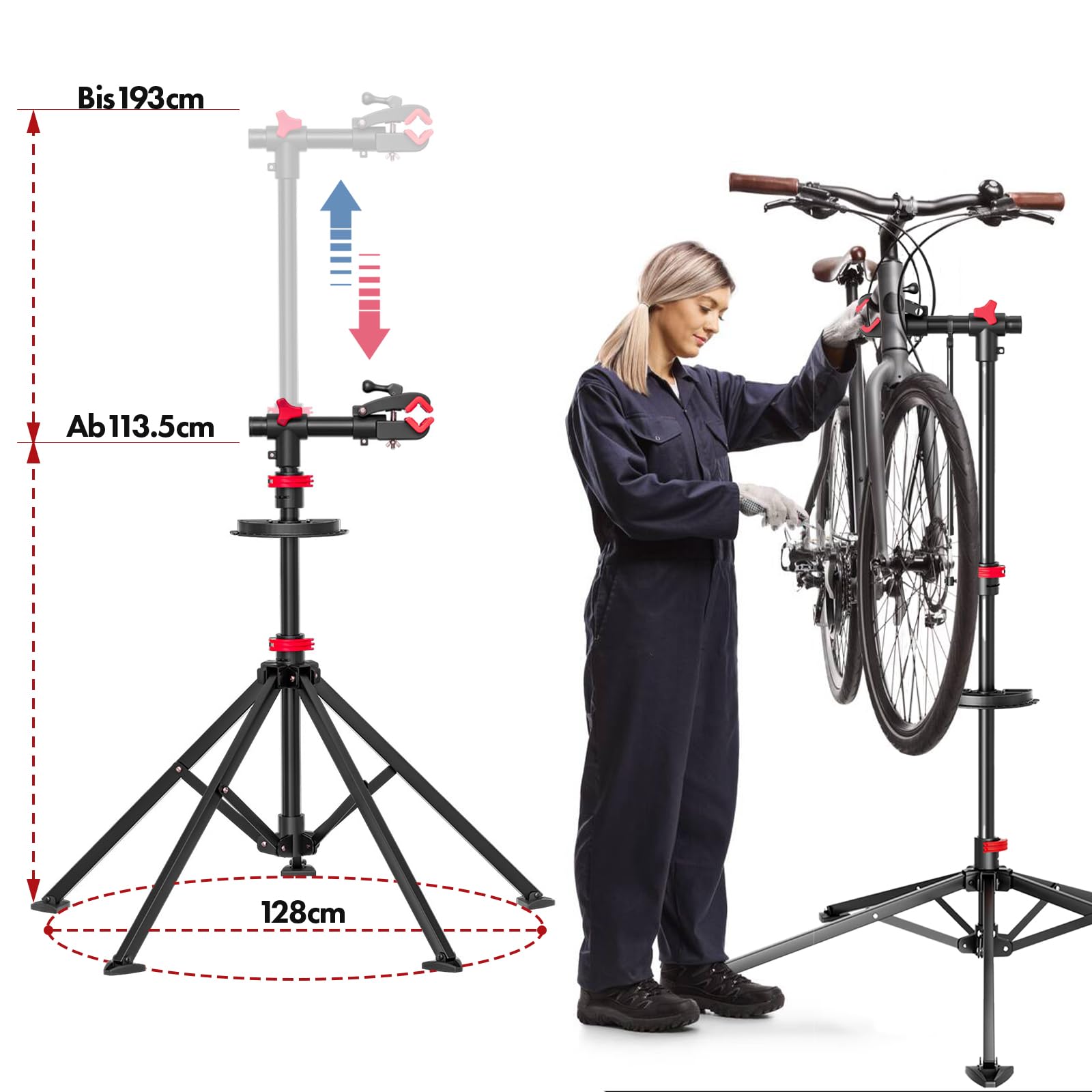 KARAT Uchwyt montażowy do rowerów, stojak naprawczy 360°, regulacja wysokości, obrotowy z dużą półką na narzędzia, wytrzymały do rowerów górskich do 30 kg (Lois)
