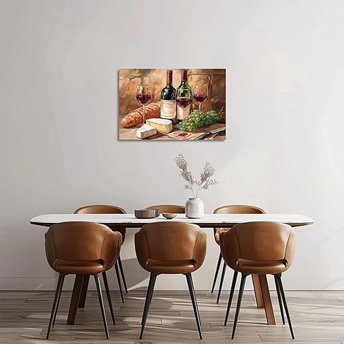 Miniatura 4 de XLMDYYSW Arte de pared vintage para cocina, imagen rústica de vino tinto y uva, pintura de queso de granja, botella de vino, impresiones en lienzo