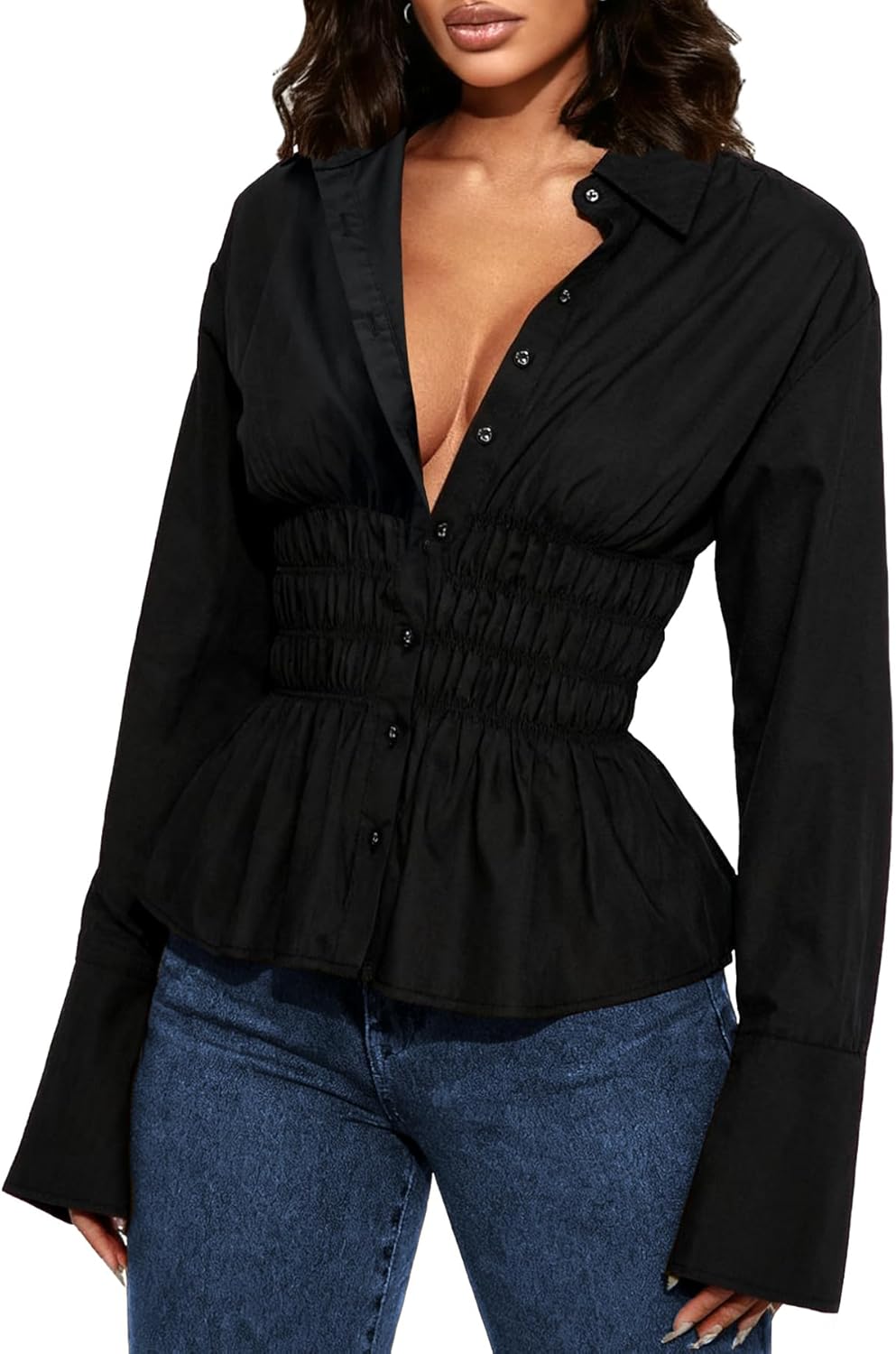 Women Long Sleeve Button Down Fitted Shirts Collared Cinched Waist Tops Office Work Blouse