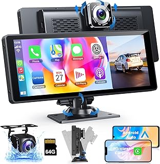 Portable Apple Carplay for Car with 4K Dash Cam, 10.26' HD IPS Screen Car Radio, Android Auto, Backup Camera, Loop Recording, Bluetooth, GPS Navigation, Mirror Link/Mic/TF/USB/AUX for All Vehicles
