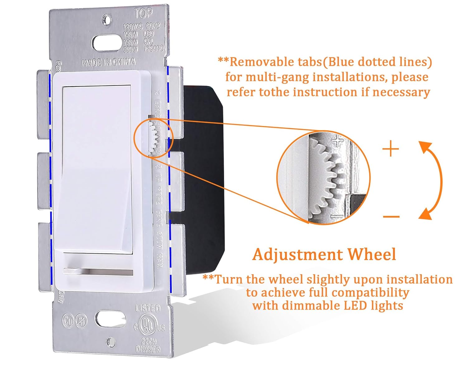 [10 Pack] Cloudy Bay 3-Way/Single Pole Dimmer Electrical Light Switch for 150W LED/CFL, 600W Incandescent/Halogen,Wall Plate Included,Pack of 10 - - 