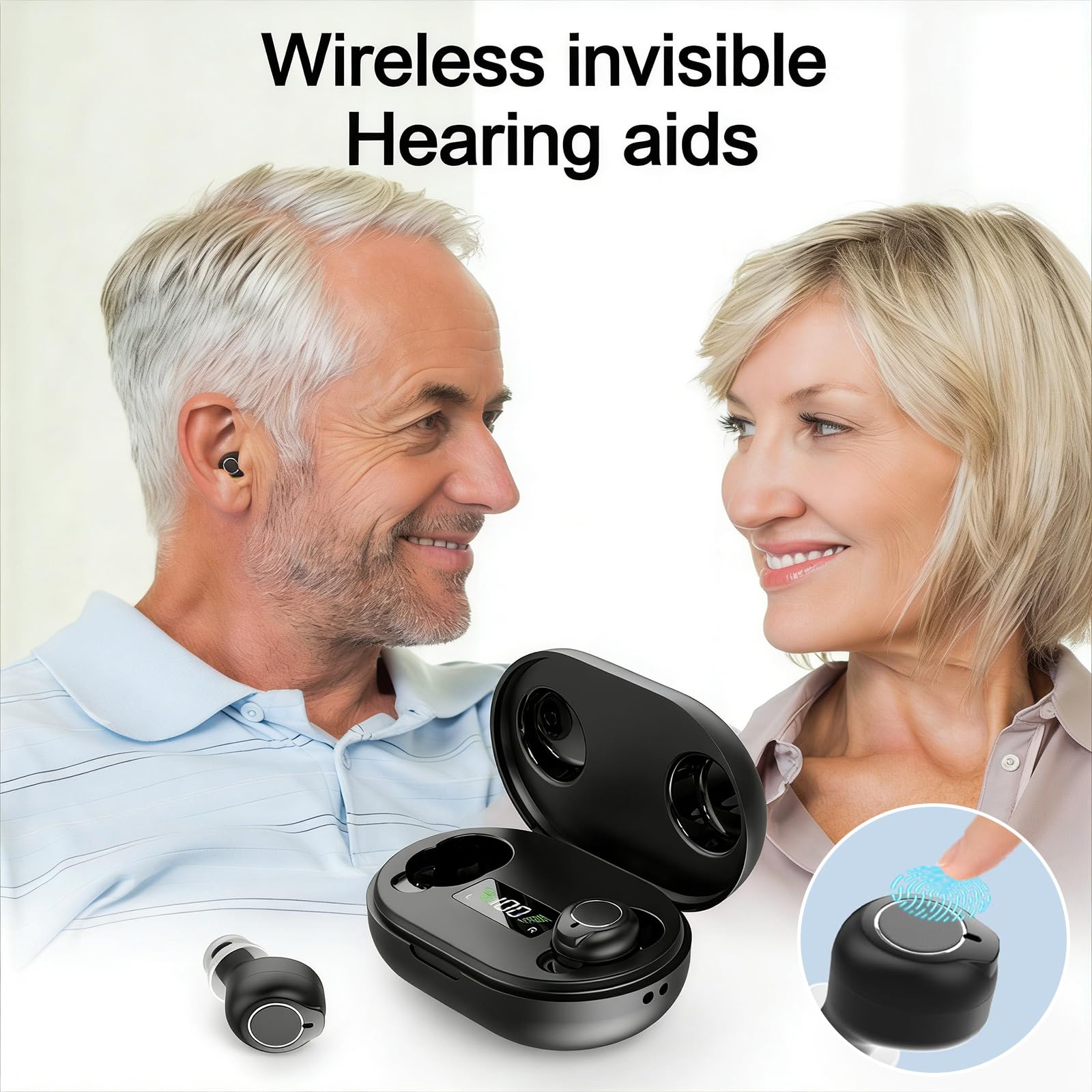 Dispositivo audio ricaricabile per anziani e adulti, dispositivo audio digitale con auricolari in-ear leggeri da 3,2 g, accensione anti ululo, comandi touch e custodia di ricarica LED (nero)