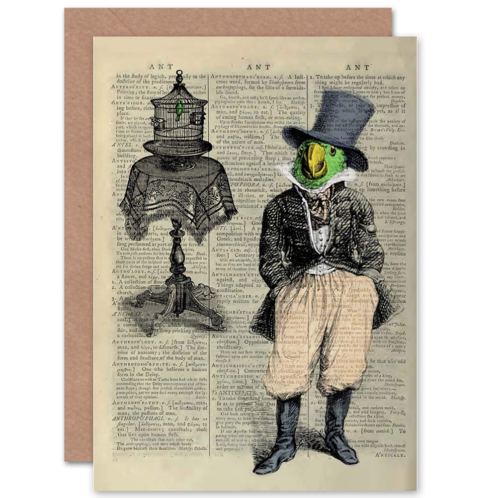 Wee Blue Coo GREETINGS CARD BIRTHDAY GIFT UPCYCLE PARROT DRESSED TOPHAT