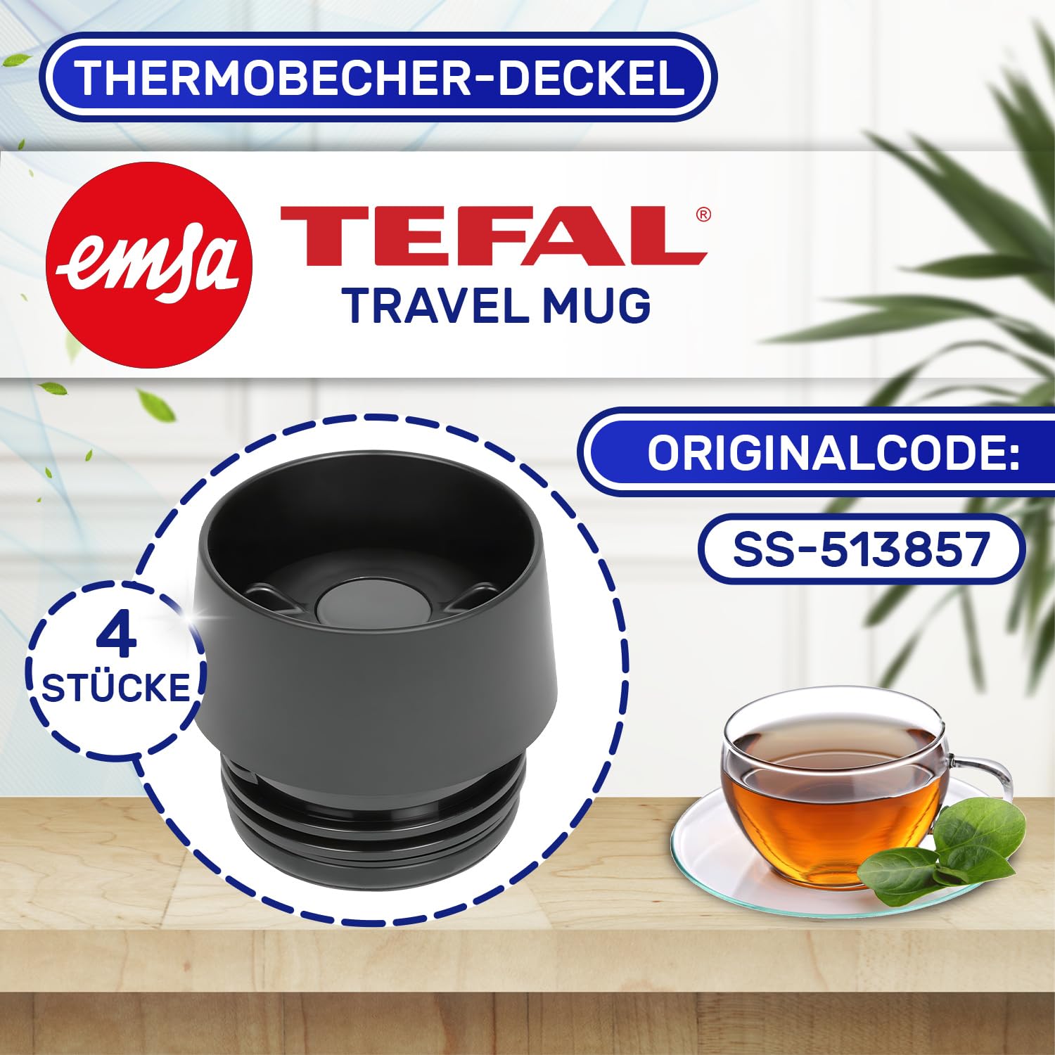 MONTERAL 4 Stück Deckel Thermobecher Edelstahl mit Originalcode SS-513857 für Emsa für Tefal Travel Mug 0.36 Liter und 0.5 Liter - Garantie 10 Jahre