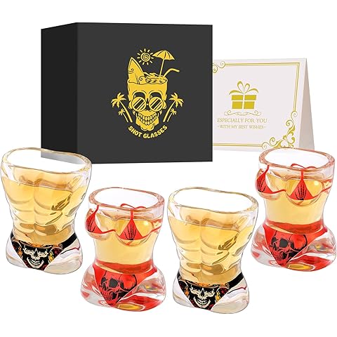 Muscle Man & Bikini Glass Shot Glasses, Personality Skull Design, 30ml Heavy Base Shot Cups Set of 4 with Gift Box for Alcohol Shots, Vodka, Expresso, Tequila & Dessertsor Birthday Christmas Gift