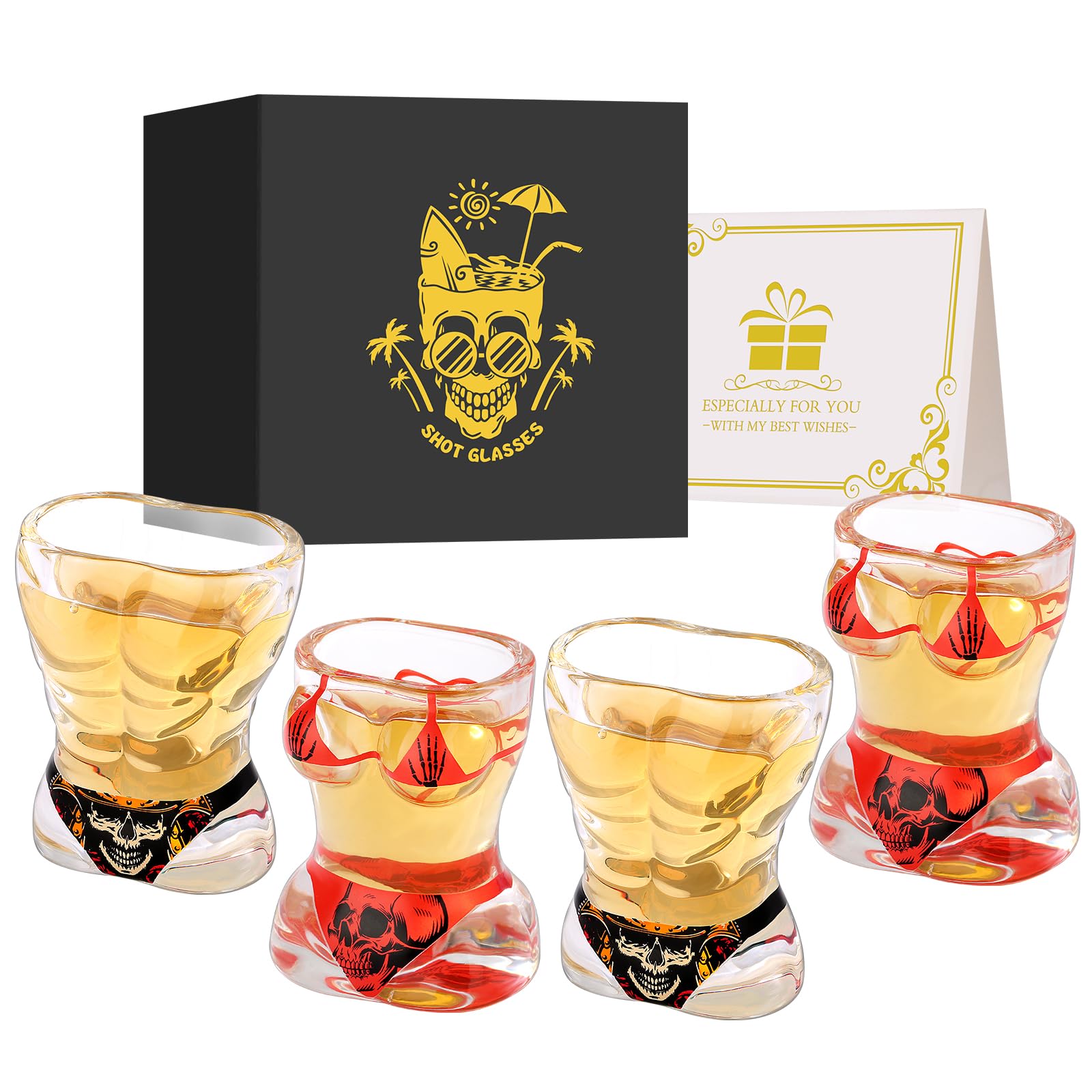 Muscle Man & Bikini Glass Shot Glasses, Personality Skull Design, Set of 4 with Logo Gift Box, 30ml Heavy Base Shot Glass