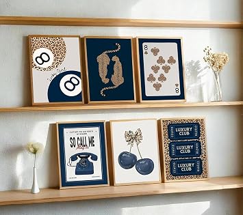 6Pcs Trendy Navy Wall Art Cheetah Poster Wall Decor Funky Lucky 8 Ball Prints Trendy Preppy Aesthetic Painting Blue Bow Girly Pictures Decoration for Girls Room Dorm Apartment 20X25cm Unframed