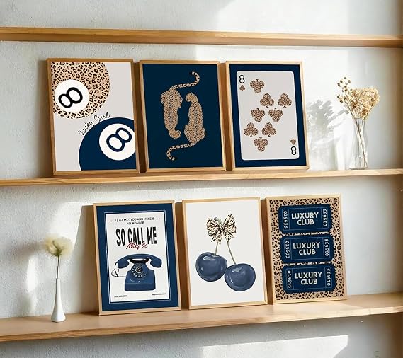 6Pcs Trendy Navy Wall Art Cheetah Poster Wall Decor Funky Lucky 8 Ball Prints Trendy Preppy Aesthetic Painting Blue Bow Girly Pictures Decoration for Girls Room Dorm Apartment 20X25cm Unframed