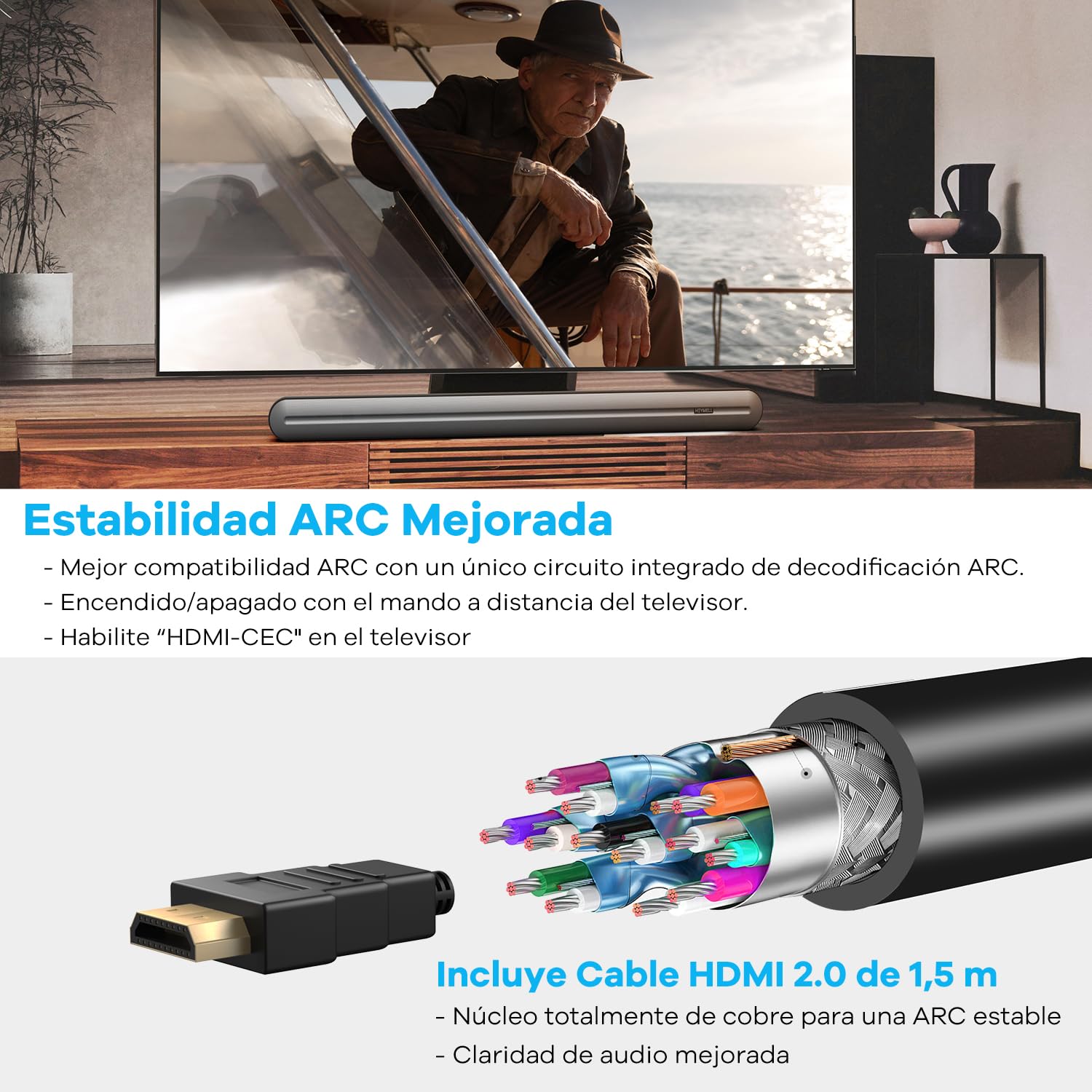 92cm 2.1ch Barra de Sonido TV con Subwoofer Integrado. 150W Altavoz de TV con Conexión HDMI ARC Mejorada, Bluetooth Óptico Auxiliar. Montable en Pared.