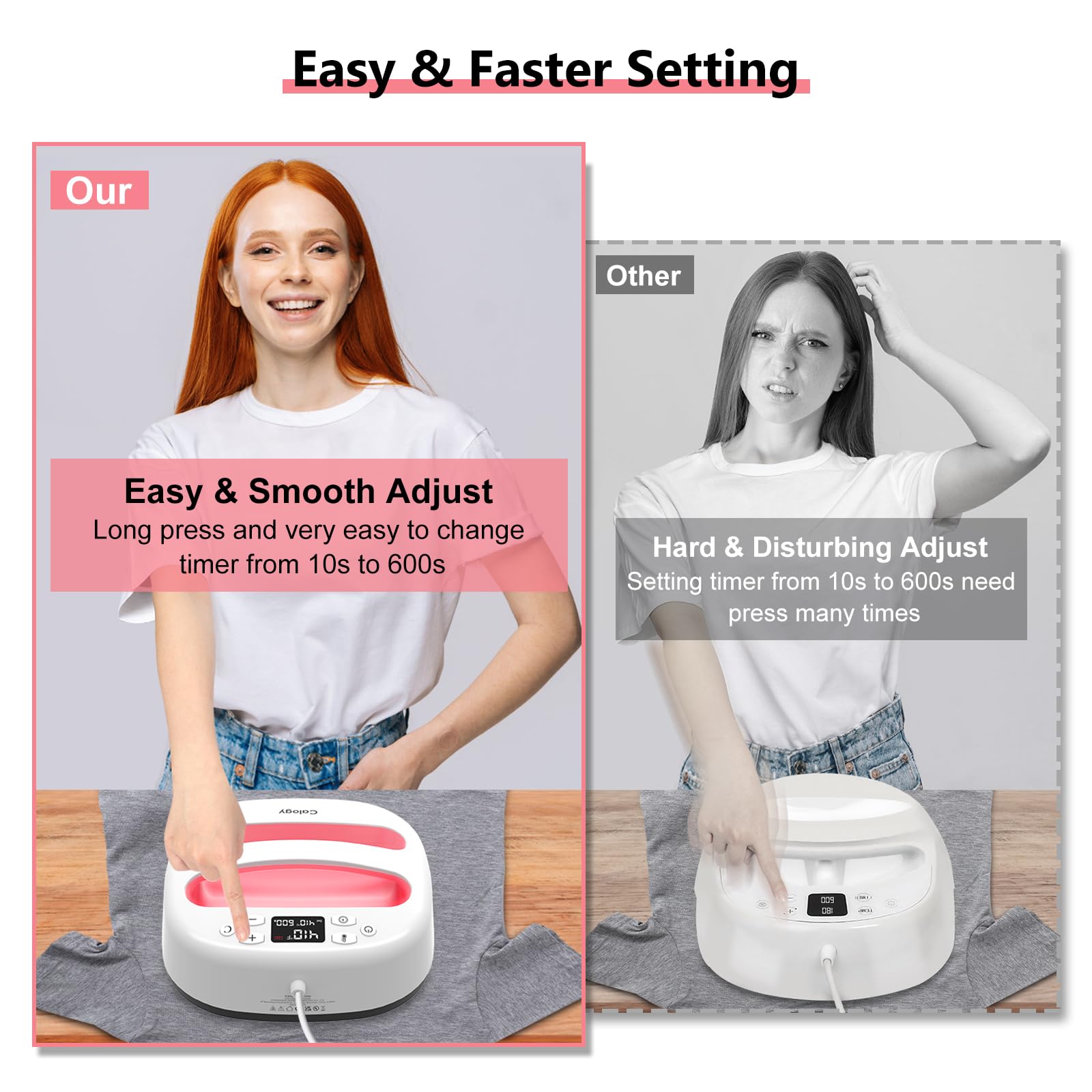 Calogy Heat Press Machine for T-Shirts 10"X10", Portable Heat Press Fast Up to 410℉(210 ºC), Precise Temp Control, 15 Mins Auto Off for Bag, Pillows, Sublimation Vinly Transfer (White Pink-10 * 10IN)