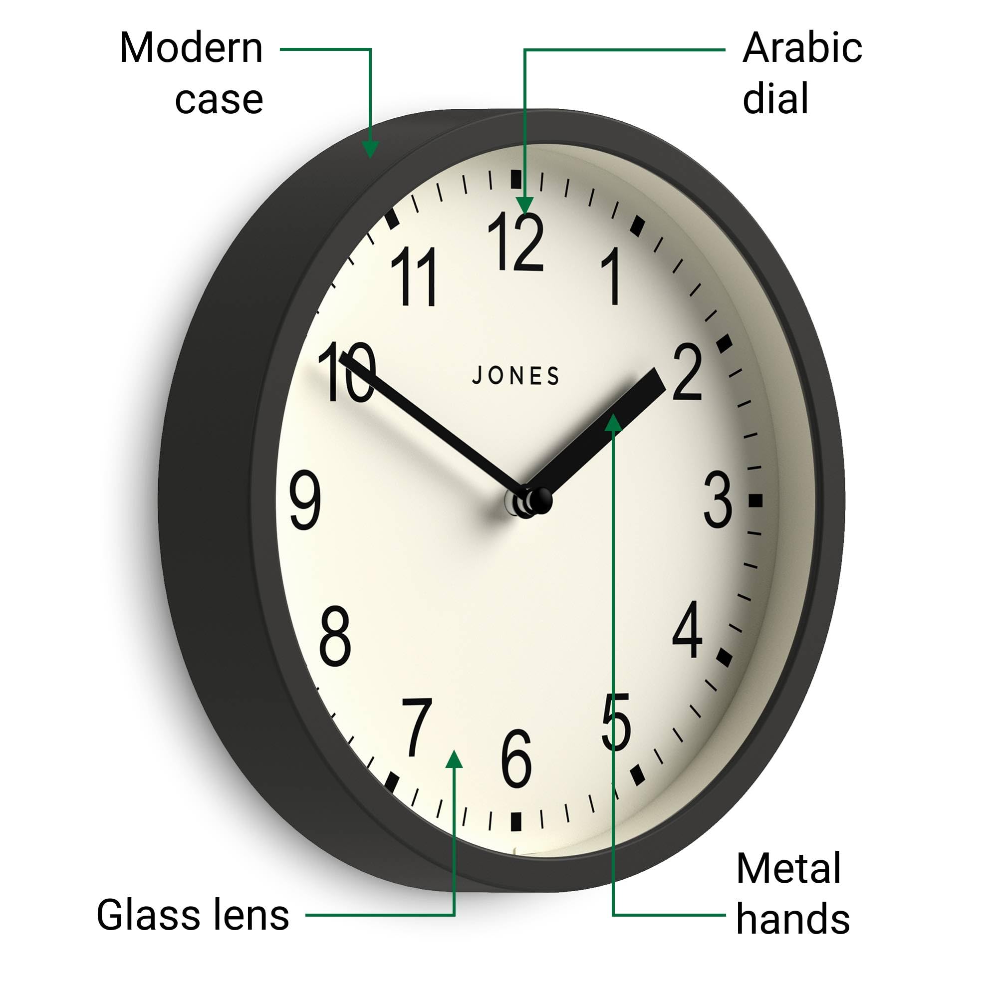 JONES CLOCKS® Horloge Murale Ronde De Studio - Horloge Ronde - Horloge Moderne - Horloge Design - Horloge De Cuisine - Horloge De Salon - Horloge De Bureau - Cadran Facile à Lire - Design Contemporain