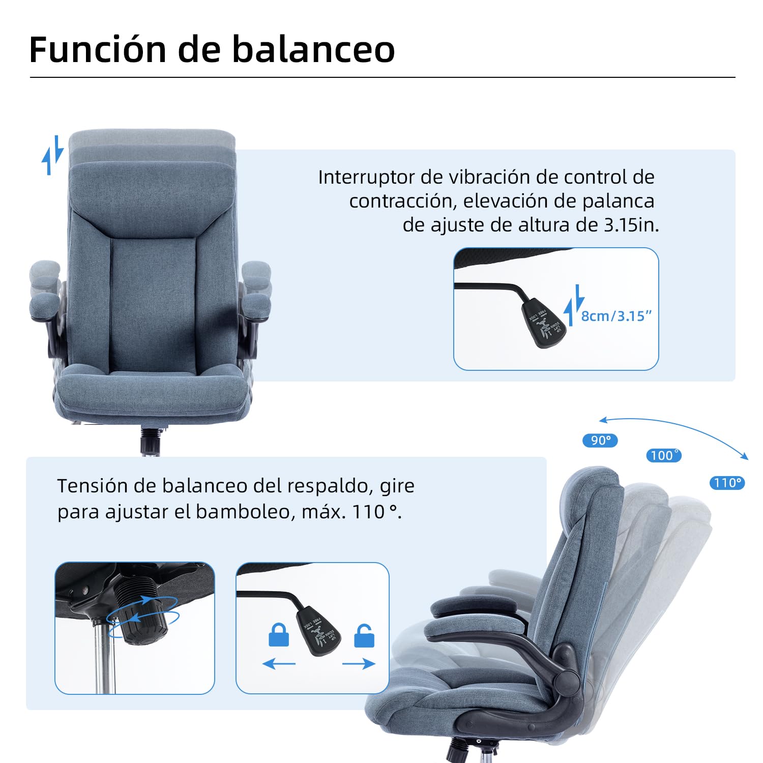 MZLEE Silla Escritorio Ergonómica de Tela, Silla Oficina, Azul | Reposabrazos Abatibles, Soporte Lumbar, Capacidad 150 kg, Giratoria, Azul Marino