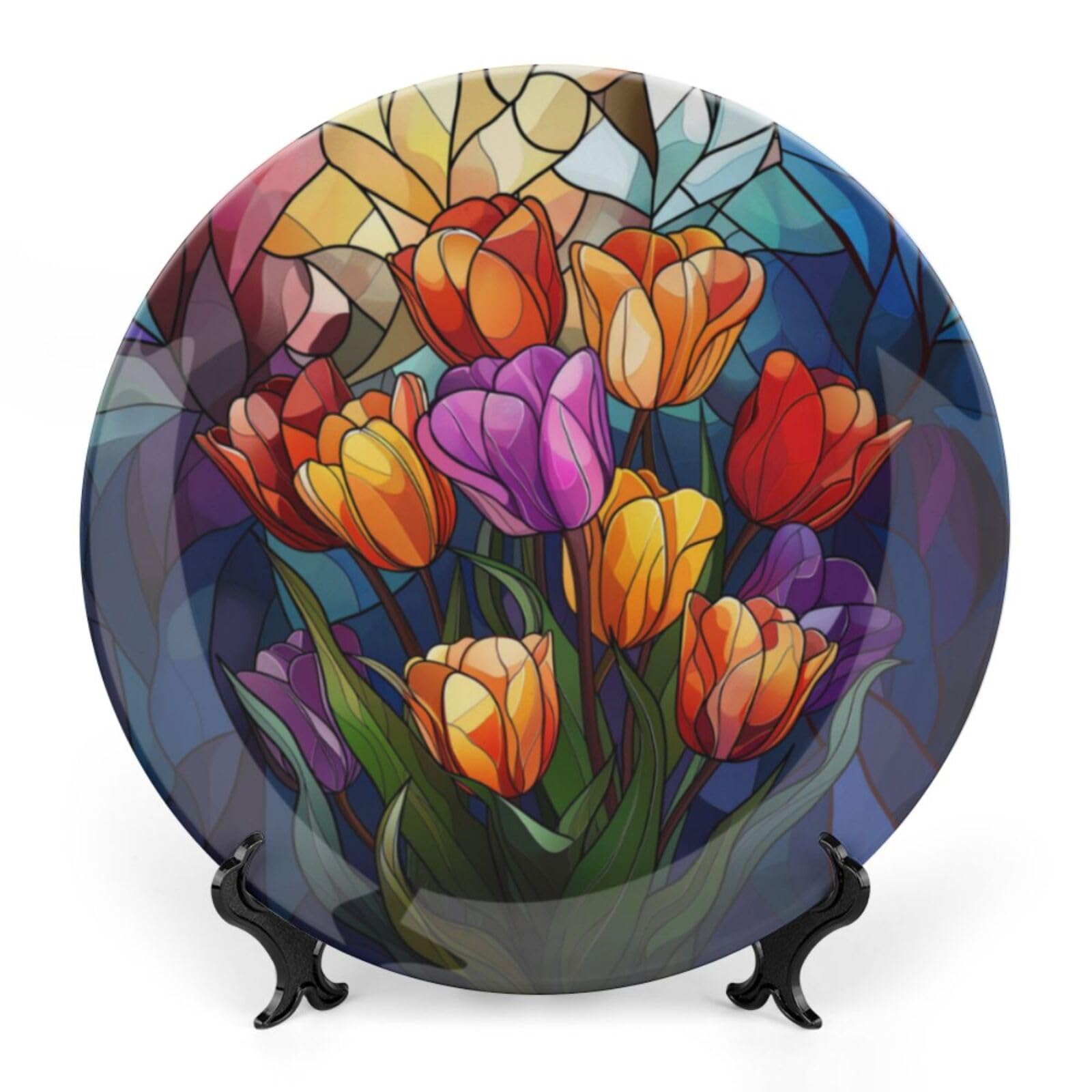 Fanjanmey Stained Glass Theme Decorative Ceramic Plate Round Porcelain Plate,8 inch,Tulip Pattern,for Decorative Ornaments Giving Plates, 1 Plate with