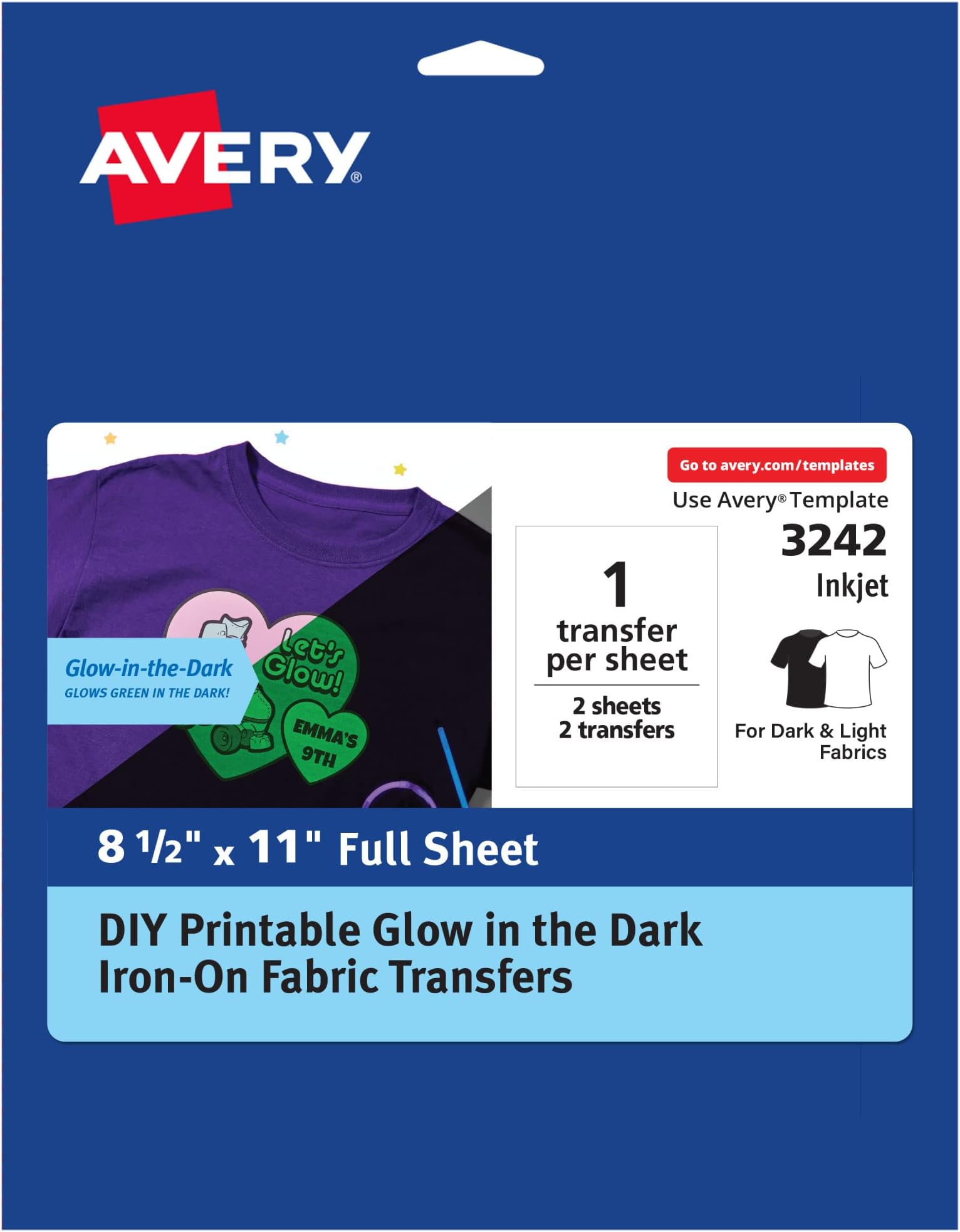 AveryGlow in the Dark Fabric Transfer Paper, 8.5" x 11", Printable Heat Transfers for Inkjet Printers, 2 Sheets (03242)