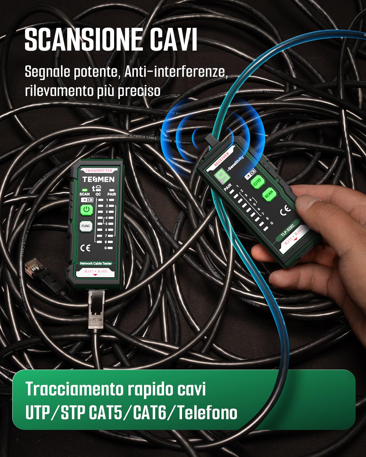 TESMEN TLP-528C Tester per cavi di rete, RJ11/RJ45, localizzatore Ethernet CAT5/CAT6 con test continuità & QC, rilevatore LAN e linee telefoniche, ideale per manutenzione cavi – Verde