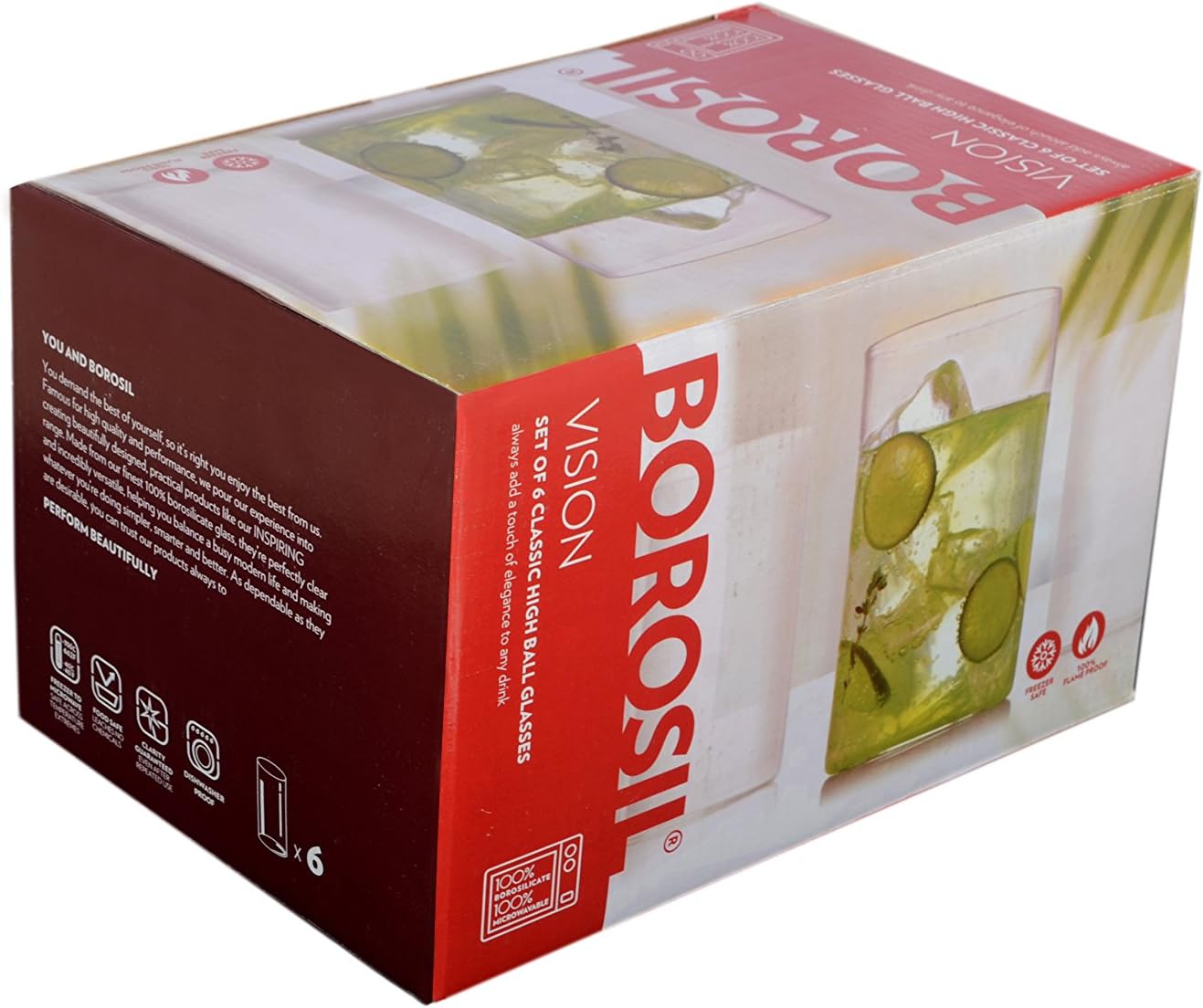 BOROSIL® Highball Glasses Set of 6 | Ultra Clear | Microwave and Dishwasher Safe | Vision Classic Series 16oz
