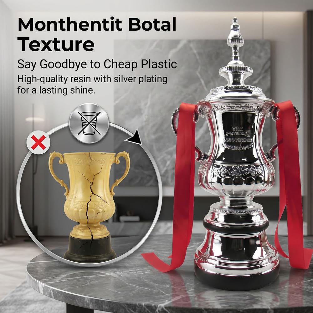 FA Cup Trofeo Réplica Fútbol Copa Plata Colección | Trofeo réplica FA Cup acabado plata para aficionados, coleccionistas, clubes y decoración deportiva