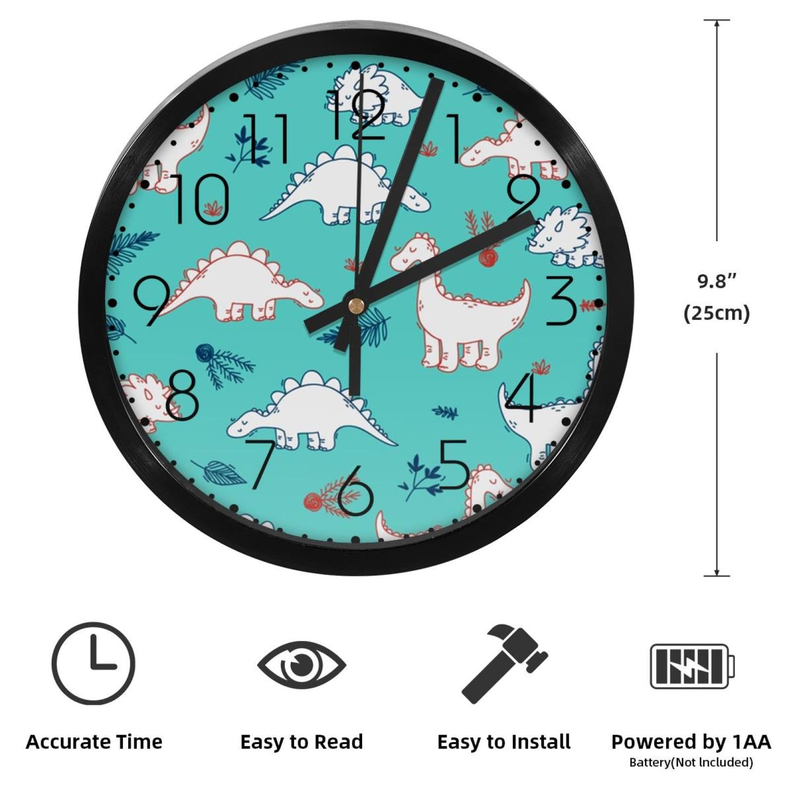 Orologio Da Parete Silenzioso 24 Cm Con Dinosauri E Foglie, Design Moderno E Divertente, Per Cameretta, Soggiorno, Cucina, Acrilico - 6