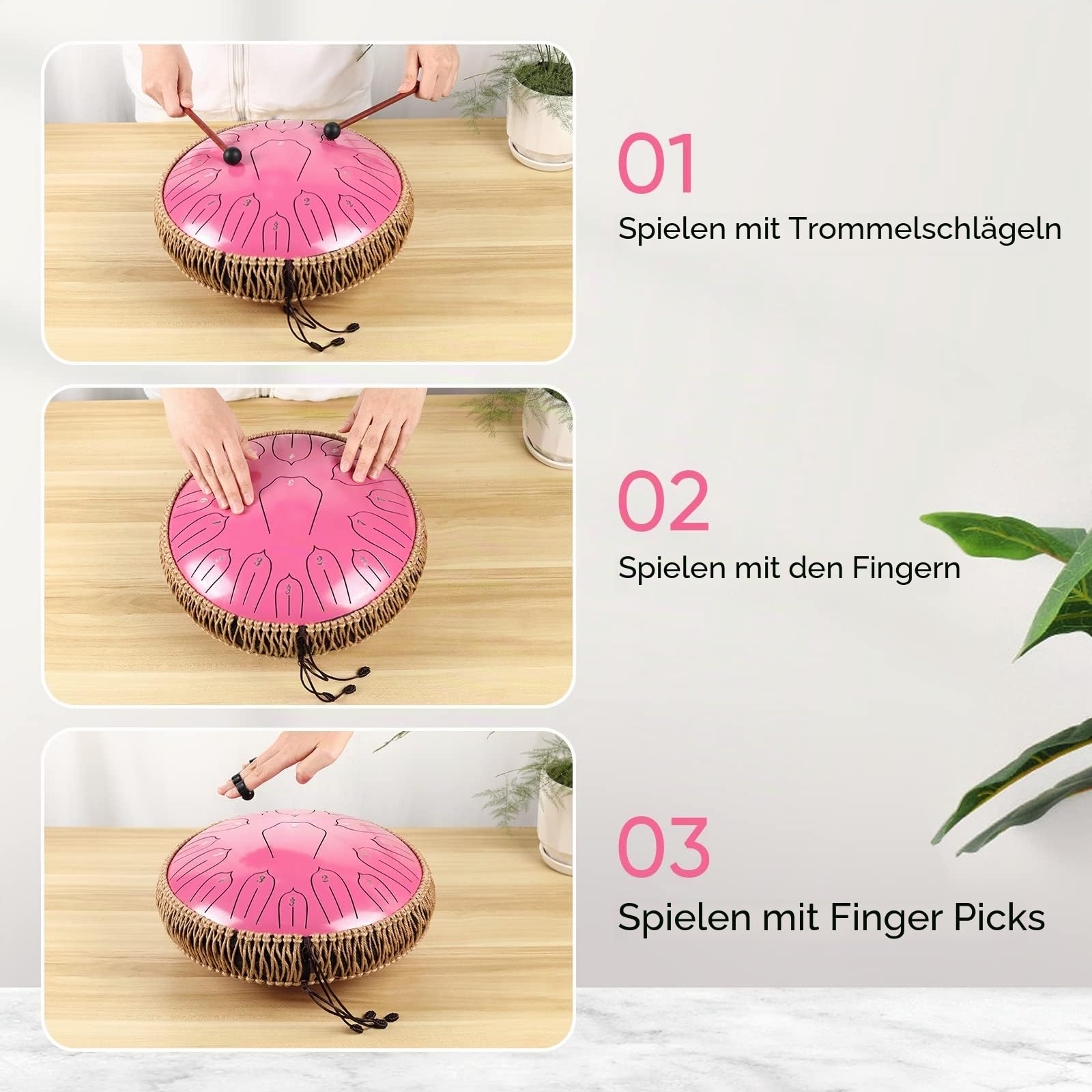 Musfunny Zungentrommel Handpan Steel Tongue Drum: 12 Zoll 15 Tone Stahlzungentrommel D-Dur Handpan Instrument mit Musikbuch Tragetasche für Geburtstagsgeschenk Meditation Yoga (Rosa)
