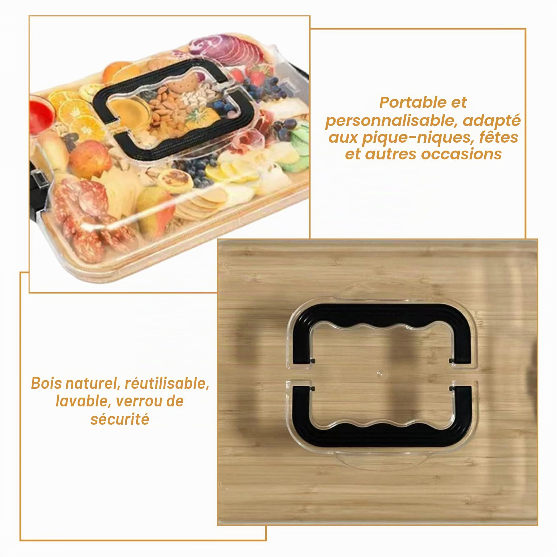 Planche à charcuterie avec couvercle, planches à charcuterie en bois portables avec couvercle transparent verrouillable, plateau de service couvert pour pique-nique camping