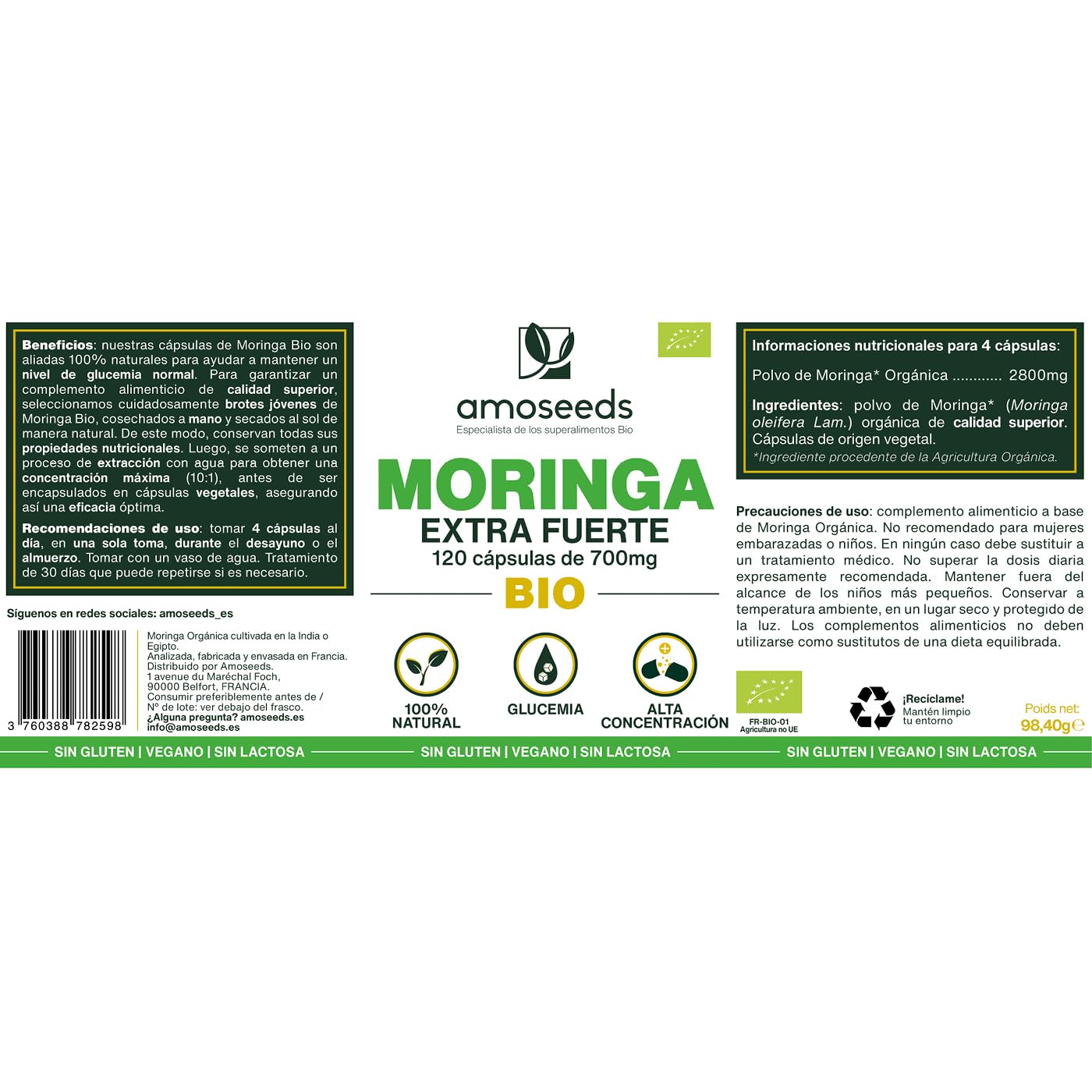 Moringa Oleifera BIO | Extra Forte | Azúcar en sangre | 100% Natural y Puro | 120 cápsulas veganas de 700mg | Primera Calidad