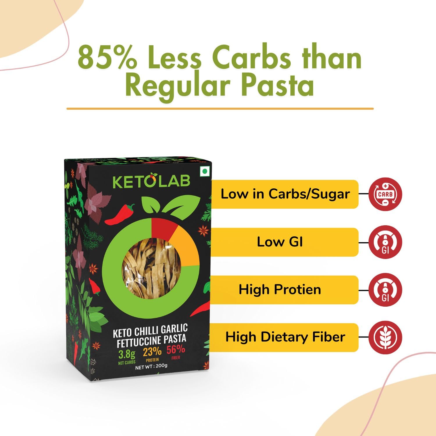 Ketolab Keto Chilli Garlic Fettuccine Pasta (Flat noodles), 200 Gms, 1 Pack, 3.8g Net Carb & 23% High Protein/Serving, Identical to Regular Pasta, Low Carb, Low GI, Keto Diet, Diabetic Friendly 1
