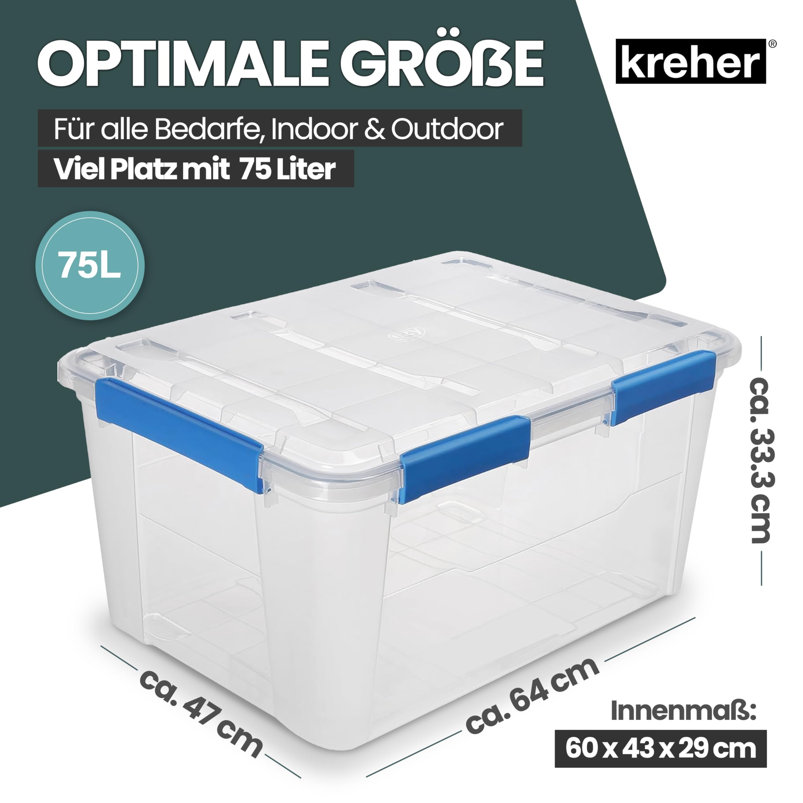 Kreher® Aufbewahrungsbox 75 Liter mit Deckel – wasserdicht & staubdicht, transparent & stapelbar, BPA- & schadstofffrei, robuste Kunststoffbox mit Silikondichtung & 6 Clips (2)