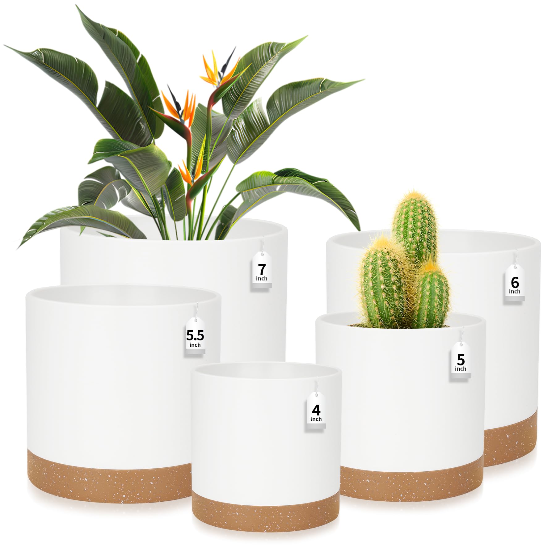 CSYY Plant Pots Indoor, Plastic Plant Pots, Flower Pots Outdoor Self Watering Indoor Plant Pot with Drainage Holes and Tray, Plastic Planter for Garden House Plants (White, 7/6.5/6/5/4) — image 1