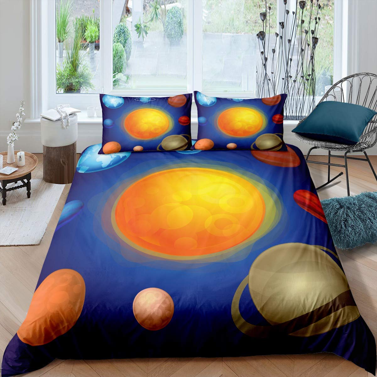 FeelyouUniverse Bedding Set Galaxy Outer Space Duvet Cover Set Sun Mars Pattern Comforter Cover Set for Boys Teens Kids Bedroom Bedspread Quilt Cover Cosmic Astronomy Decor 3 Pcs King Size Soft