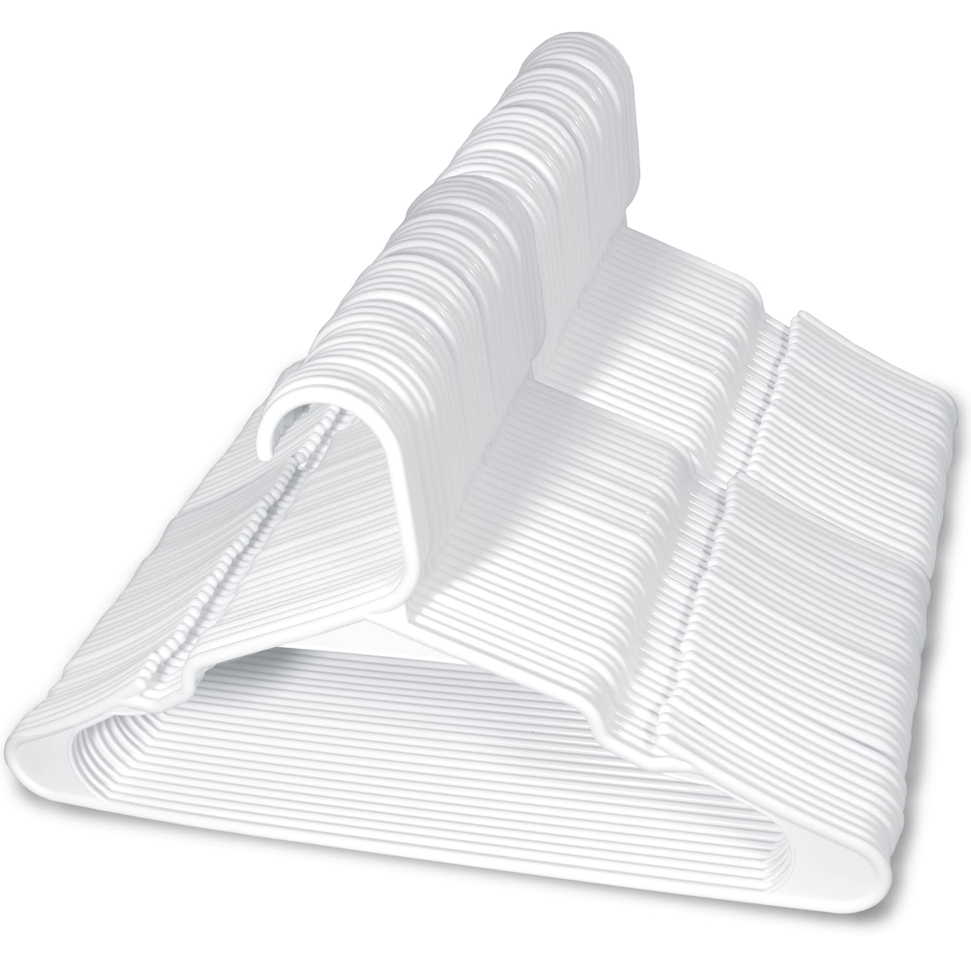 Heshberg Plastic Notched Hangers Space Saving Tubular Clothes Hangers Standard Size Ideal for Everyday Use on Shirts, Coats, Pants, Dress, Skirts, Etc. (White, 50 Pack)