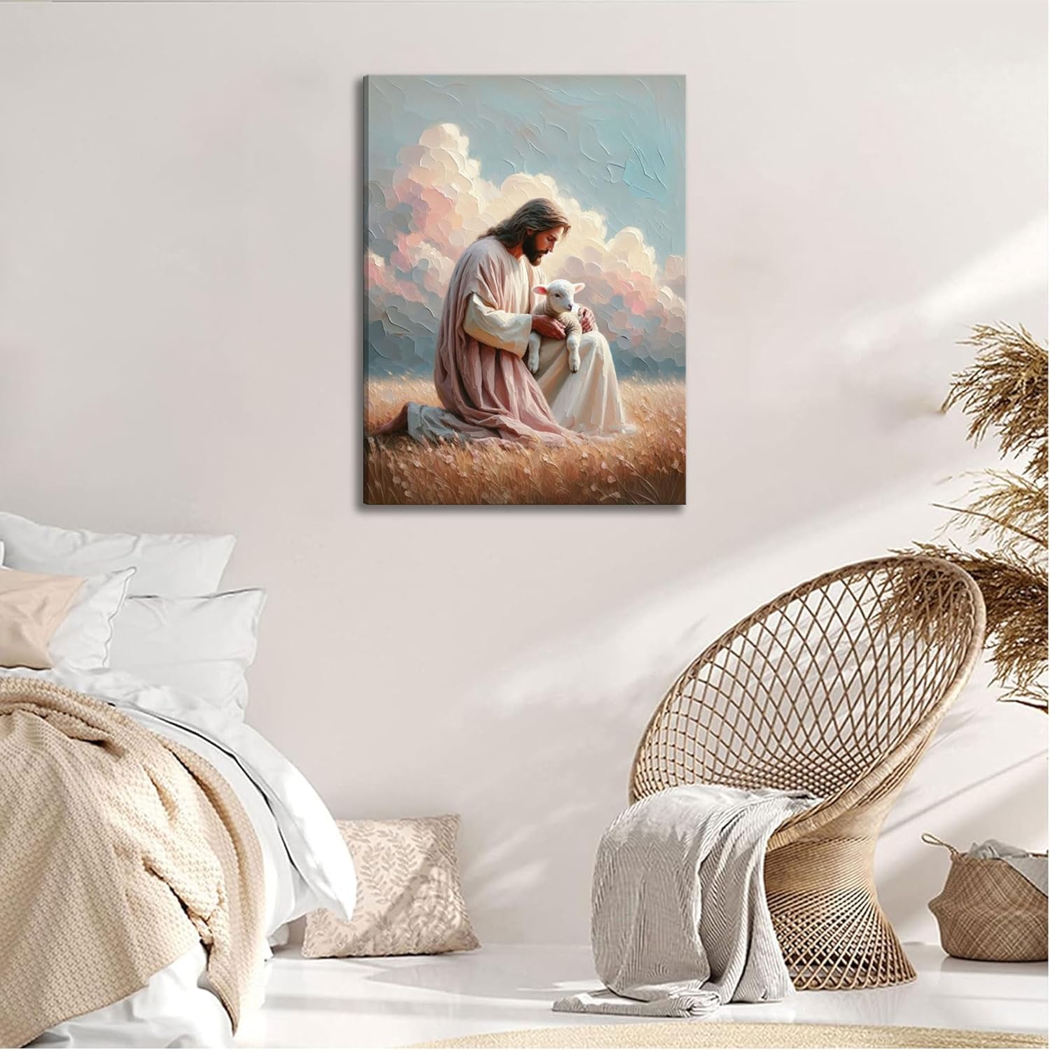 Jesus And Lamb Canvas Wall Art Jesus Christ The Good Shepherd Wall Decor Picture Jesus Finds The Lost Lamb Poster Print for Living Room Bedroom Church Home Decoration Ready To Hang