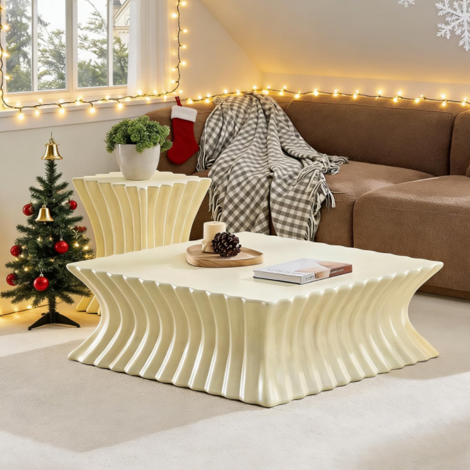 JUSTONE Coffee Table Set of 2, 35.43 & 15.16 Inch Square End Tables, Vintage Sturdy Fiberglass Top for Living Room, Apartment, Office, No Assembly Required, Beige