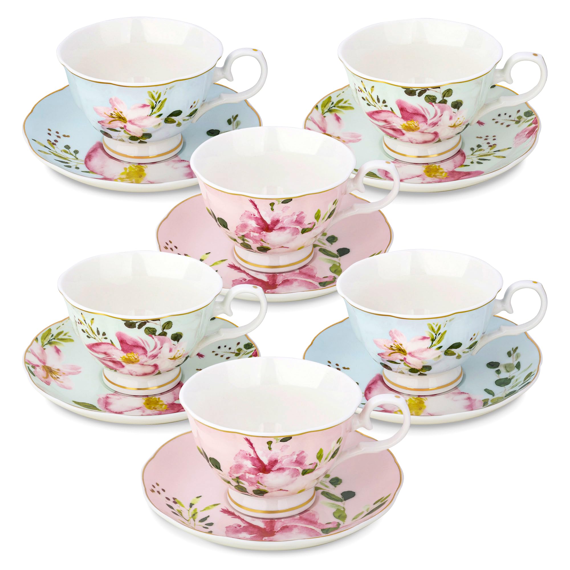 fanquare 5-Ounce Floral Tea Cups and Saucers Set of 6, Assorted Pastel Flowers Porcelain Coffee Cup with Gold Trim, Dishwasher & Freezer Safe