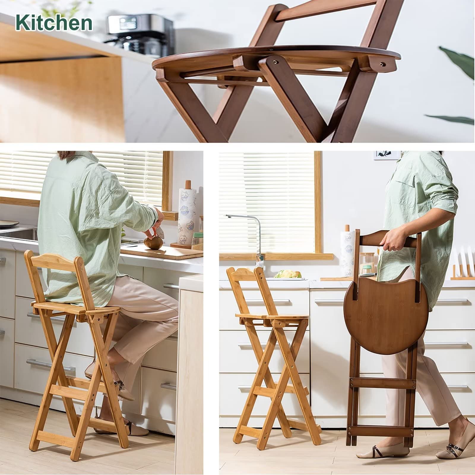 Taburete plegable con respaldo y reposapiés, taburete plegable de madera para encimera de cocina y silla de bar para el hogar, desayuno, sala de arte, acabado de nogal, 28 x 34 x 61,5 cm