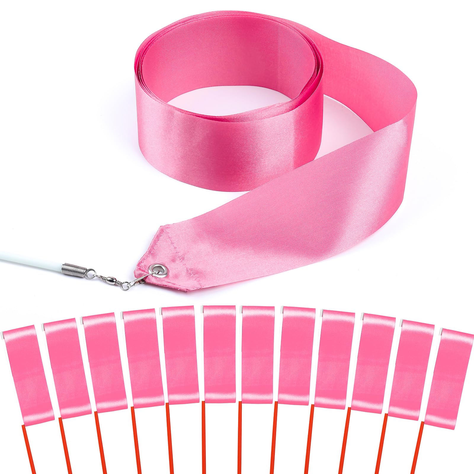 12PCS Pink Dance Wands Ribbons Streamer for Kids Ballet Praise Streamer Circus Carnival Rhythmic Gymnastics Birthday Party, Ribbon Baton Twirling Sticks Silks Streamers Wands