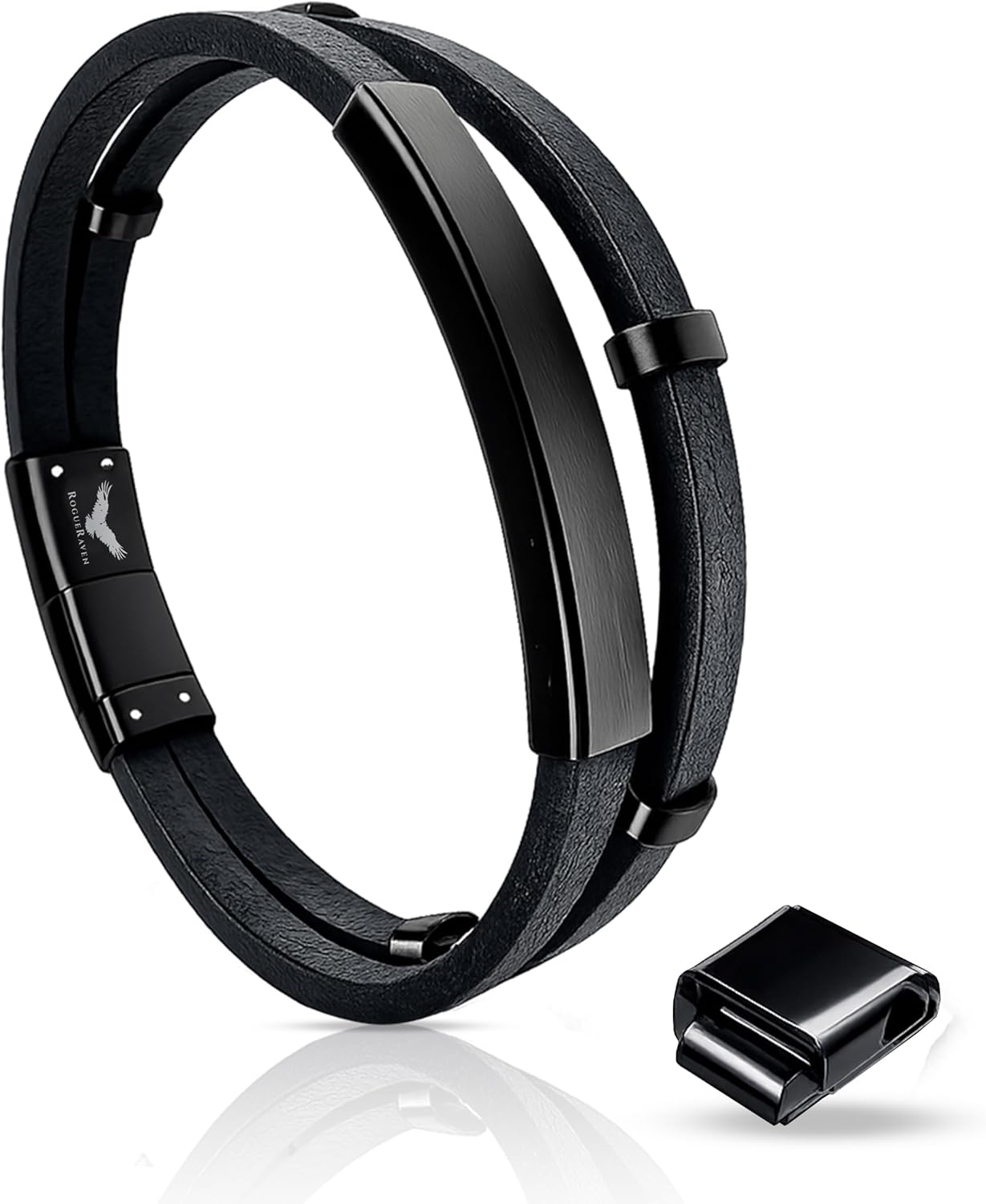 RogueRaven Premium I Black Leather Bracelet for Men | Genuine Braided Leather: Single, Double, Stacked & Stainless Steel Chain Designs| Genuine Leather Mens Bracelet with Stainless Steel Clasp [Adjustable] | Exclusive Jewelry Gift Box